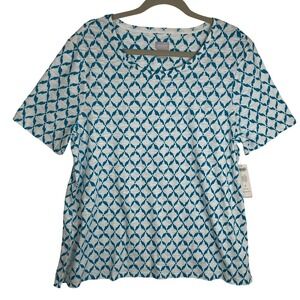 Chico's Cotton Modal Slub Tee Size 2 (L) Tropical Teal Lattice Print NEW